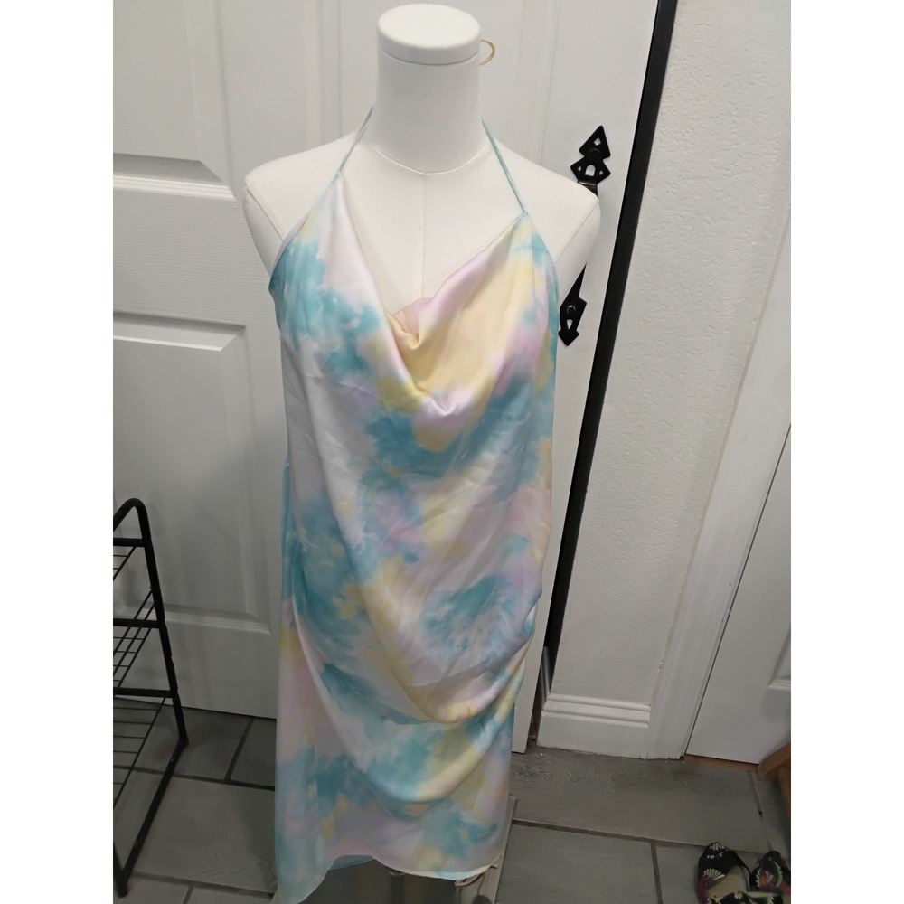 Zara Pastel Tie Dye Satin Halter Cowl Neck Ruched Midi Dress XL Blue Pink Yellow
